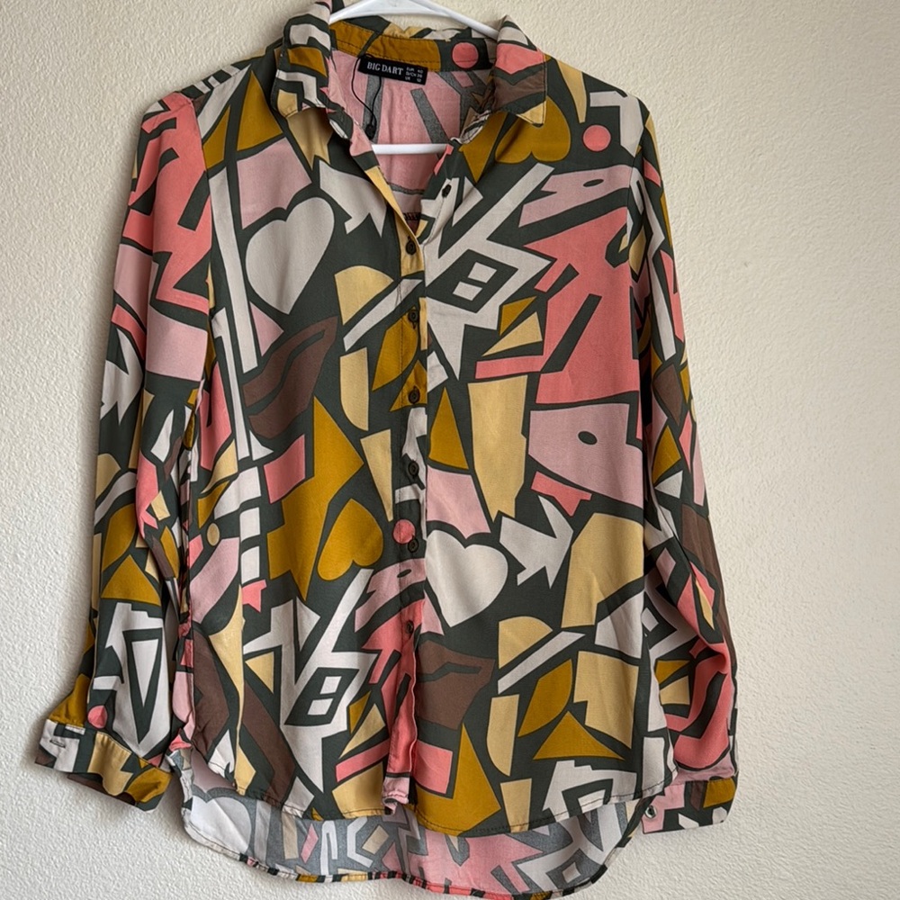 Pink Yellow Graphic Long Sleeve Button Down Shirt